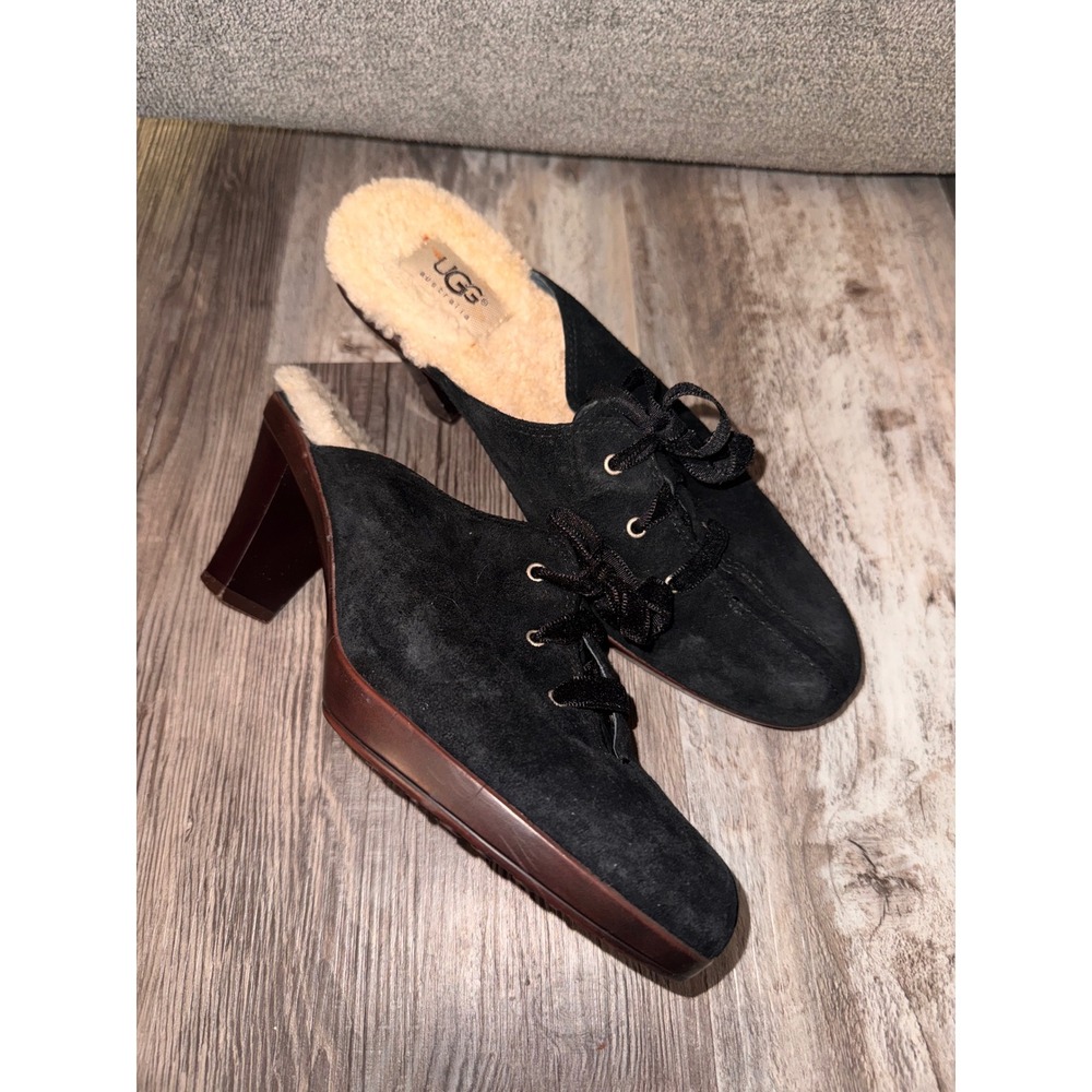 UGG Australia Black Suede Sheepskin Lined Lace Up Heeled Clogs‎ Mules Women 8.5